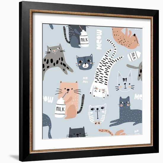 Seamless Pattern with Different Funny Cats. Creative Childish Texture. Great for Fabric, Textile Ve-SolodkayaMari-Framed Photographic Print