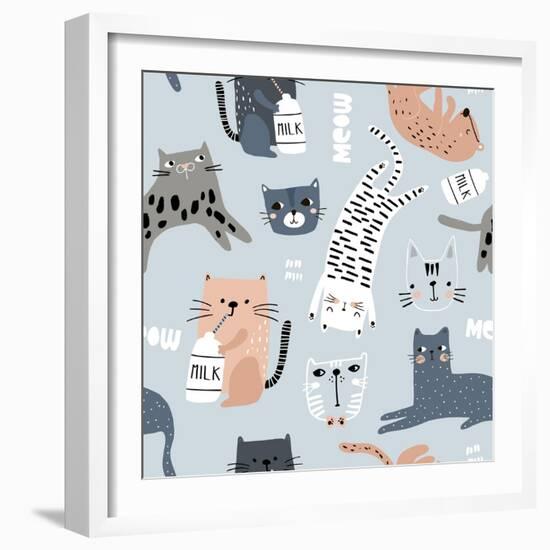 Seamless Pattern with Different Funny Cats. Creative Childish Texture. Great for Fabric, Textile Ve-SolodkayaMari-Framed Photographic Print