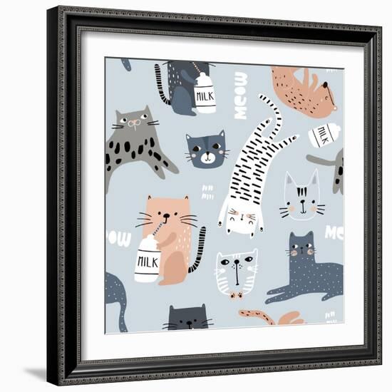 Seamless Pattern with Different Funny Cats. Creative Childish Texture. Great for Fabric, Textile Ve-SolodkayaMari-Framed Photographic Print