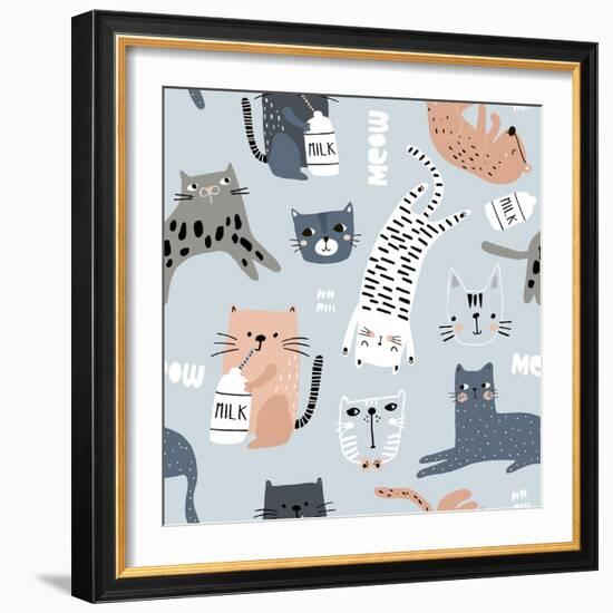 Seamless Pattern with Different Funny Cats. Creative Childish Texture. Great for Fabric, Textile Ve-SolodkayaMari-Framed Photographic Print