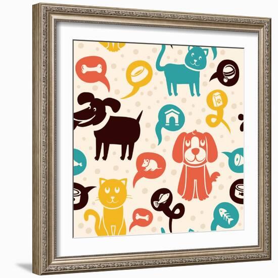 Seamless Pattern with Funny Cats and Dogs-venimo-Framed Art Print