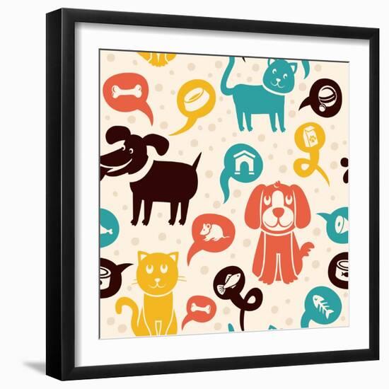 Seamless Pattern with Funny Cats and Dogs-venimo-Framed Art Print