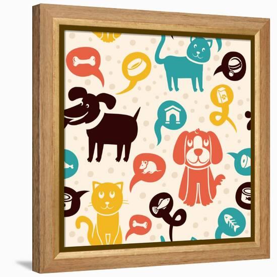 Seamless Pattern with Funny Cats and Dogs-venimo-Framed Stretched Canvas