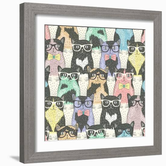 Seamless Pattern with Hipster Cute Cats for Children-cherry blossom girl-Framed Art Print