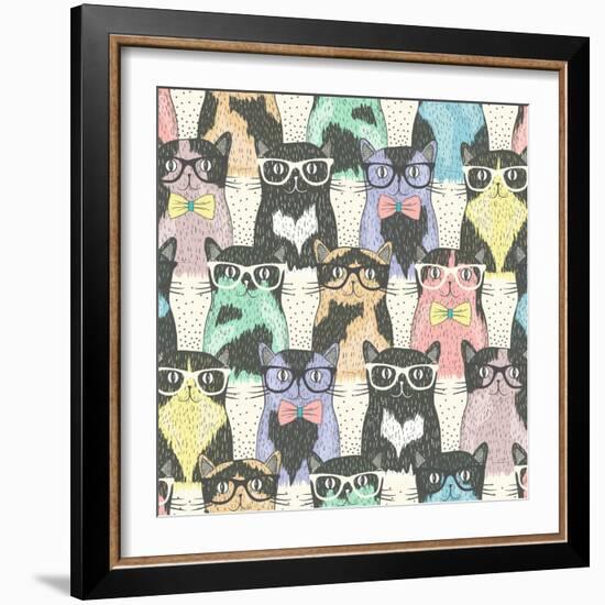 Seamless Pattern with Hipster Cute Cats for Children-cherry blossom girl-Framed Art Print