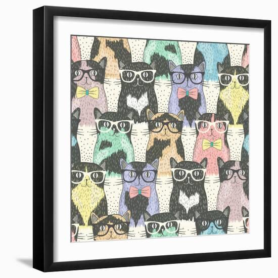 Seamless Pattern with Hipster Cute Cats for Children-cherry blossom girl-Framed Art Print