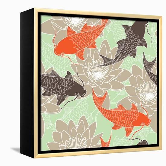 Seamless Pattern with Lotus and Carps-tets-Framed Stretched Canvas