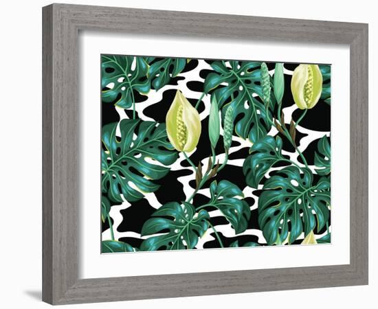 Seamless Pattern with Monstera Leaves. Decorative Image of Tropical Foliage and Flower. Background-incomible-Framed Art Print