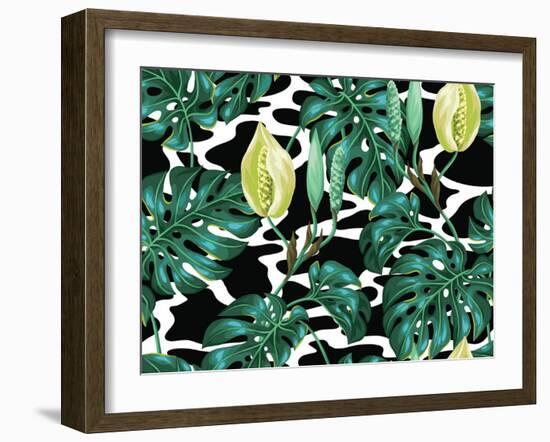 Seamless Pattern with Monstera Leaves. Decorative Image of Tropical Foliage and Flower. Background-incomible-Framed Art Print