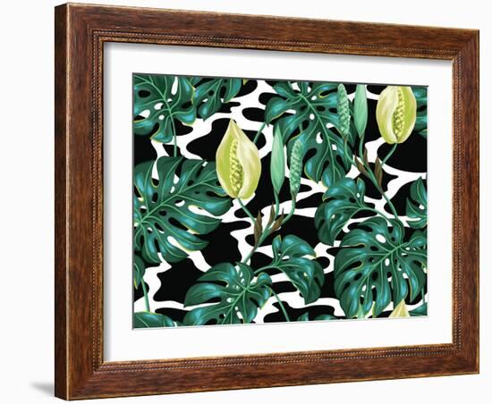 Seamless Pattern with Monstera Leaves. Decorative Image of Tropical Foliage and Flower. Background-incomible-Framed Art Print