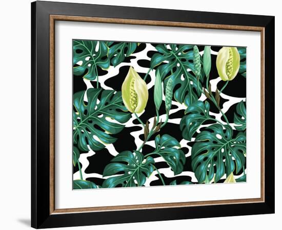 Seamless Pattern with Monstera Leaves. Decorative Image of Tropical Foliage and Flower. Background-incomible-Framed Art Print