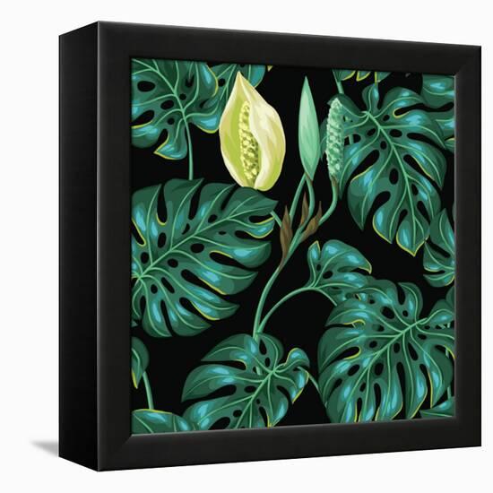 Seamless Pattern with Monstera Leaves. Decorative Image of Tropical Foliage and Flower. Background-incomible-Framed Stretched Canvas