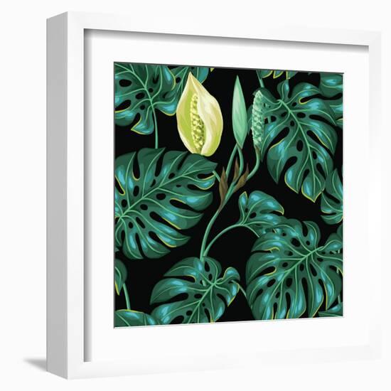 Seamless Pattern with Monstera Leaves. Decorative Image of Tropical Foliage and Flower. Background-incomible-Framed Art Print