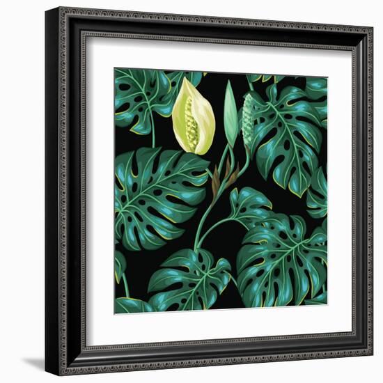 Seamless Pattern with Monstera Leaves. Decorative Image of Tropical Foliage and Flower. Background-incomible-Framed Art Print