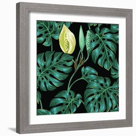 Seamless Pattern with Monstera Leaves. Decorative Image of Tropical Foliage and Flower. Background-incomible-Framed Art Print