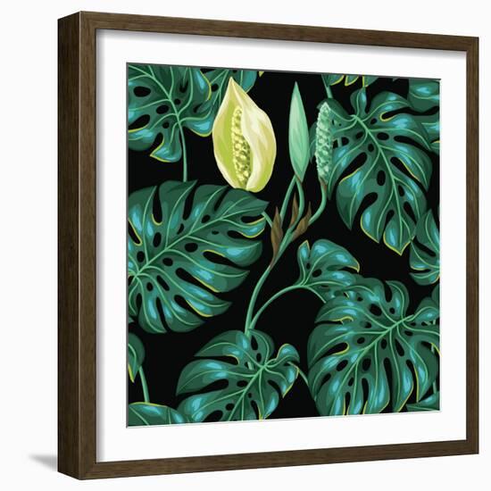 Seamless Pattern with Monstera Leaves. Decorative Image of Tropical Foliage and Flower. Background-incomible-Framed Art Print