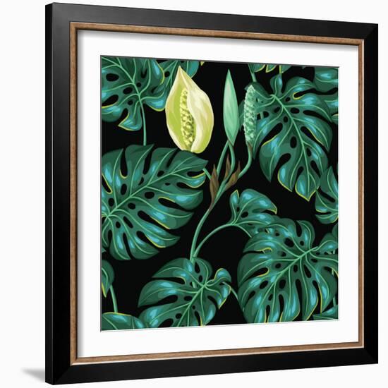 Seamless Pattern with Monstera Leaves. Decorative Image of Tropical Foliage and Flower. Background-incomible-Framed Art Print