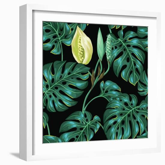 Seamless Pattern with Monstera Leaves. Decorative Image of Tropical Foliage and Flower. Background-incomible-Framed Art Print