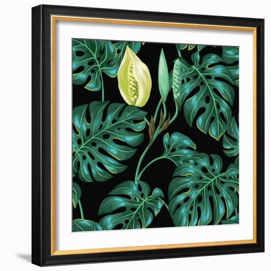 Seamless Pattern with Monstera Leaves. Decorative Image of Tropical Foliage and Flower. Background-incomible-Framed Art Print