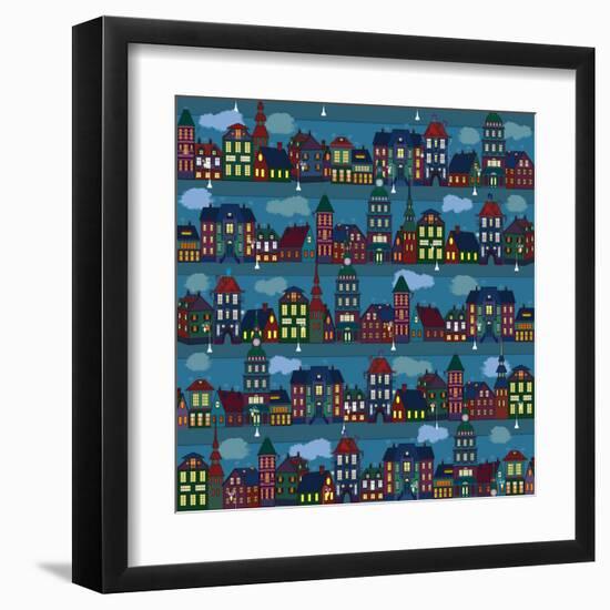 Seamless Pattern with Multi-Colored Houses in the Night City-Milovelen-Framed Art Print