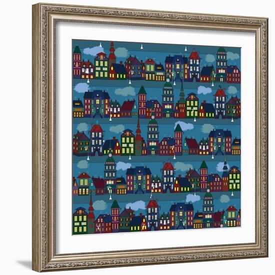 Seamless Pattern with Multi-Colored Houses in the Night City-Milovelen-Framed Art Print