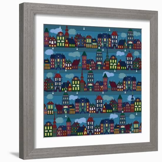 Seamless Pattern with Multi-Colored Houses in the Night City-Milovelen-Framed Art Print