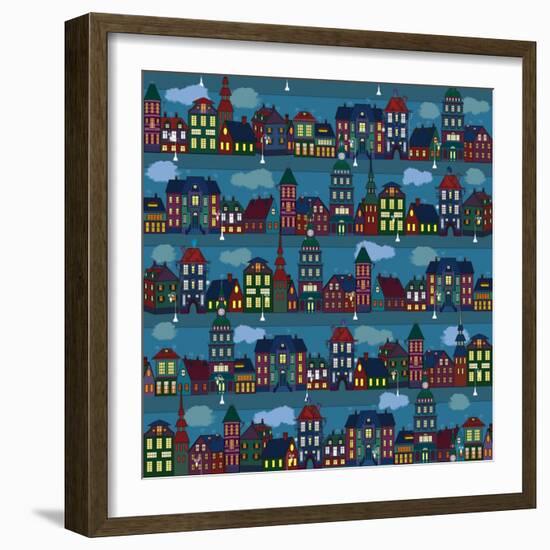 Seamless Pattern with Multi-Colored Houses in the Night City-Milovelen-Framed Art Print