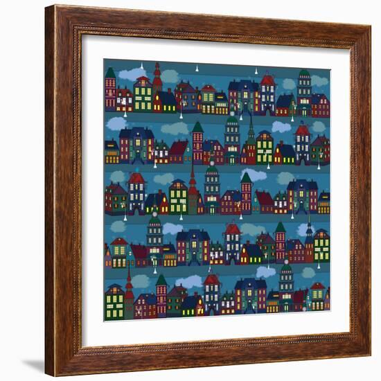 Seamless Pattern with Multi-Colored Houses in the Night City-Milovelen-Framed Art Print