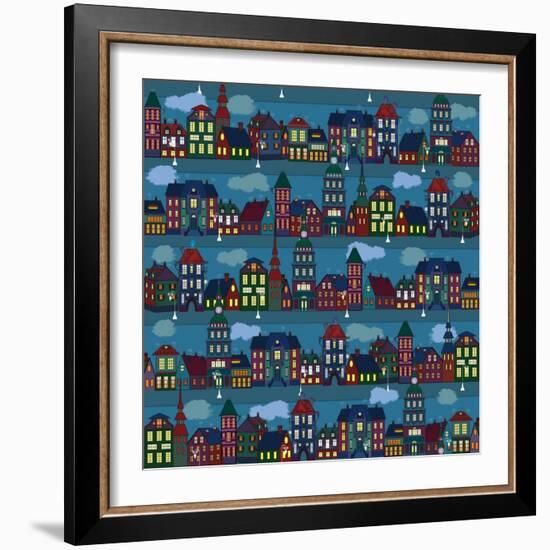 Seamless Pattern with Multi-Colored Houses in the Night City-Milovelen-Framed Art Print