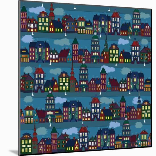 Seamless Pattern with Multi-Colored Houses in the Night City-Milovelen-Mounted Art Print