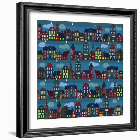 Seamless Pattern with Multi-Colored Houses in the Night City-Milovelen-Framed Art Print