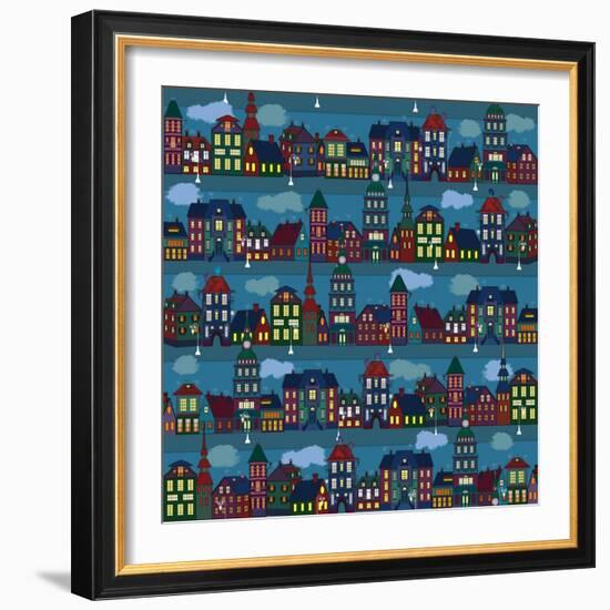 Seamless Pattern with Multi-Colored Houses in the Night City-Milovelen-Framed Art Print