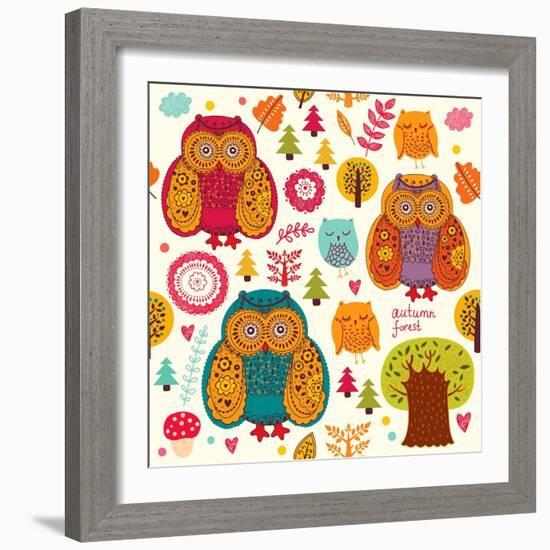 Seamless Pattern with Owls-Molesko Studio-Framed Art Print