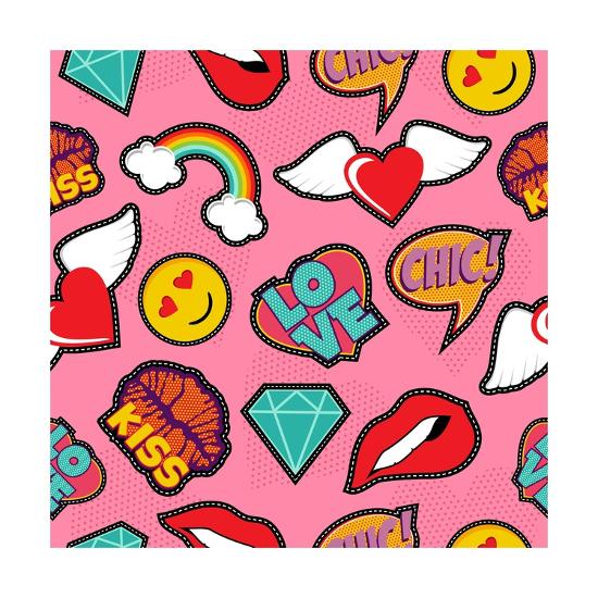 Seamless Pattern With Pink Girl Icons In Pop Art Style Emoji Love And Rainbow Stitch Patches Art Print Cienpies Design Art Com