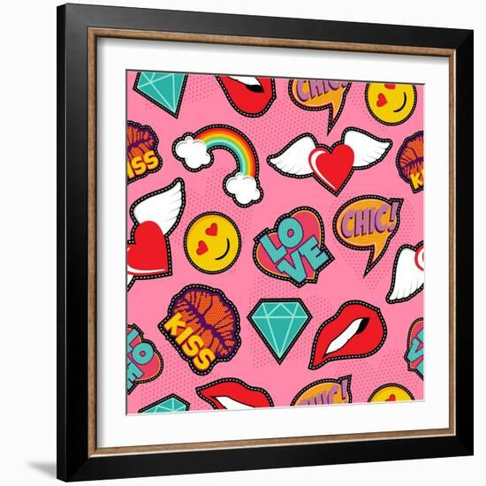 Seamless Pattern with Pink Girl Icons in Pop Art Style, Emoji, Love, and Rainbow Stitch Patches-Cienpies Design-Framed Art Print