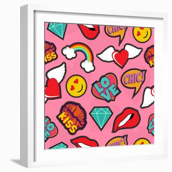 Seamless Pattern with Pink Girl Icons in Pop Art Style, Emoji, Love, and Rainbow Stitch Patches-Cienpies Design-Framed Art Print