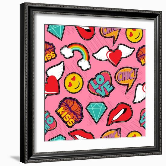 Seamless Pattern with Pink Girl Icons in Pop Art Style, Emoji, Love, and Rainbow Stitch Patches-Cienpies Design-Framed Art Print