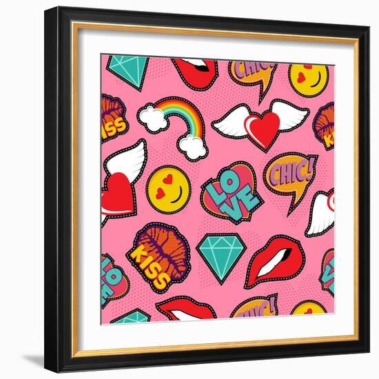 Seamless Pattern with Pink Girl Icons in Pop Art Style, Emoji, Love, and Rainbow Stitch Patches-Cienpies Design-Framed Art Print