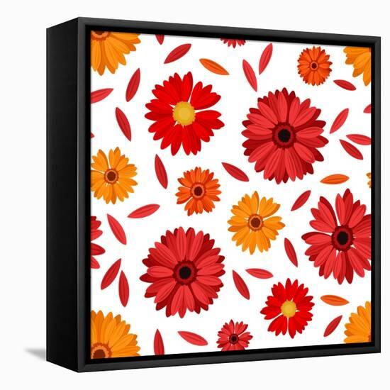 Seamless Pattern with Red and Orange Gerbera Flowers and Petals. Vector Illustration.-Naddiya-Framed Stretched Canvas