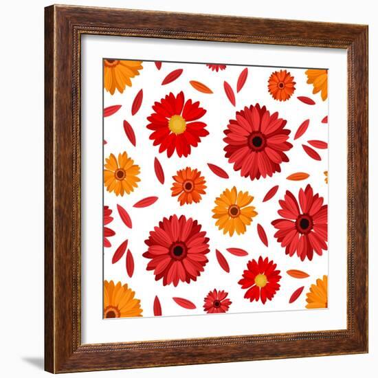 Seamless Pattern with Red and Orange Gerbera Flowers and Petals. Vector Illustration.-Naddiya-Framed Art Print