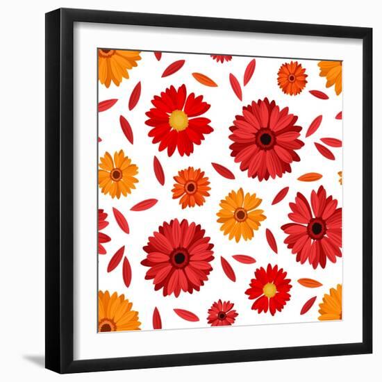 Seamless Pattern with Red and Orange Gerbera Flowers and Petals. Vector Illustration.-Naddiya-Framed Art Print