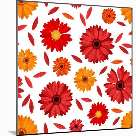 Seamless Pattern with Red and Orange Gerbera Flowers and Petals. Vector Illustration.-Naddiya-Mounted Art Print