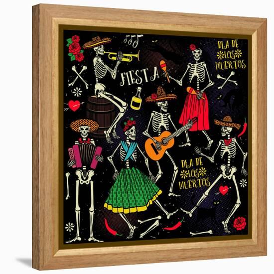 Seamless Pattern with Skeletons. Day of the Dead (Dia De Los Muertos). the Skeleton Dance.-Moloko88-Framed Stretched Canvas