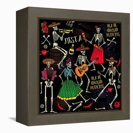 Seamless Pattern with Skeletons. Day of the Dead (Dia De Los Muertos). the Skeleton Dance.-Moloko88-Framed Stretched Canvas