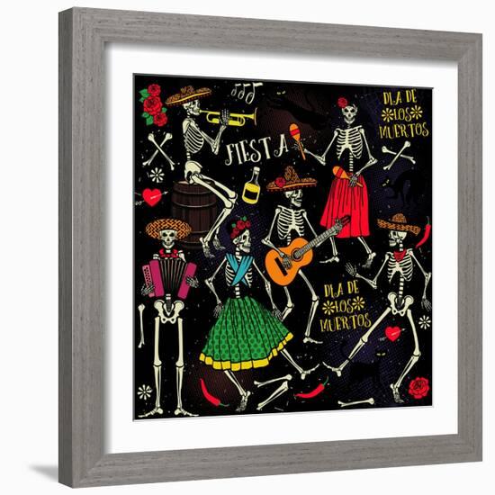 Seamless Pattern with Skeletons. Day of the Dead (Dia De Los Muertos). the Skeleton Dance.-Moloko88-Framed Art Print