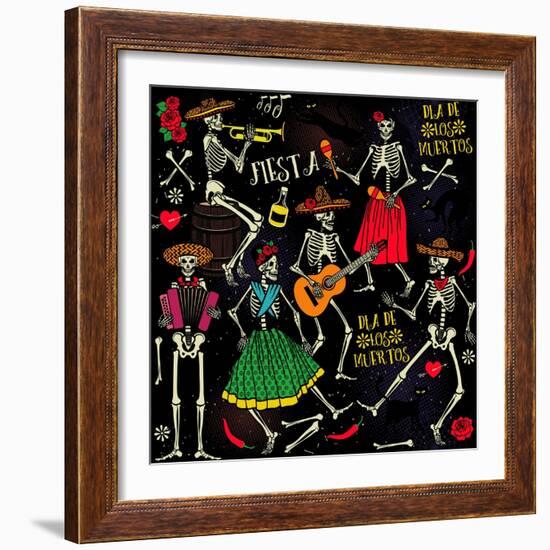 Seamless Pattern with Skeletons. Day of the Dead (Dia De Los Muertos). the Skeleton Dance.-Moloko88-Framed Art Print