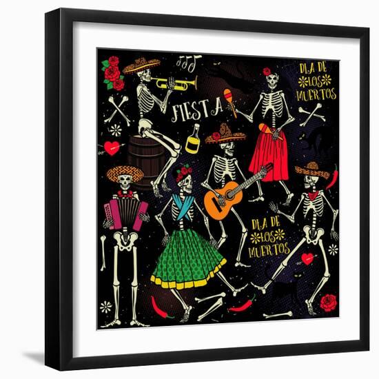 Seamless Pattern with Skeletons. Day of the Dead (Dia De Los Muertos). the Skeleton Dance.-Moloko88-Framed Art Print