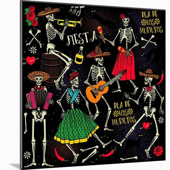 Seamless Pattern with Skeletons. Day of the Dead (Dia De Los Muertos). the Skeleton Dance.-Moloko88-Mounted Art Print