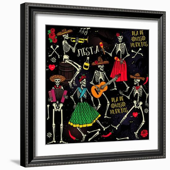 Seamless Pattern with Skeletons. Day of the Dead (Dia De Los Muertos). the Skeleton Dance.-Moloko88-Framed Art Print