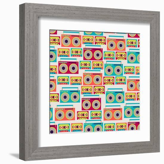 Seamless Pattern With Tape Recorders And Audio Cassette-incomible-Framed Art Print